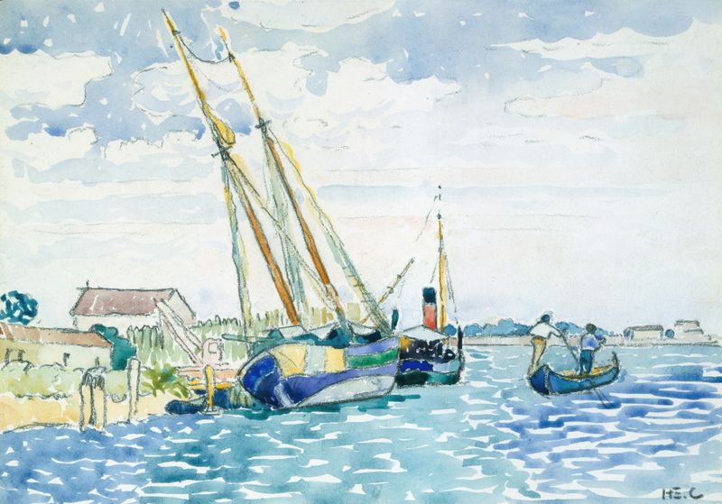 Marine Scene de Henri-Edmond Cross, óleo de barcos cerca de Venecia sobre agua brillante.