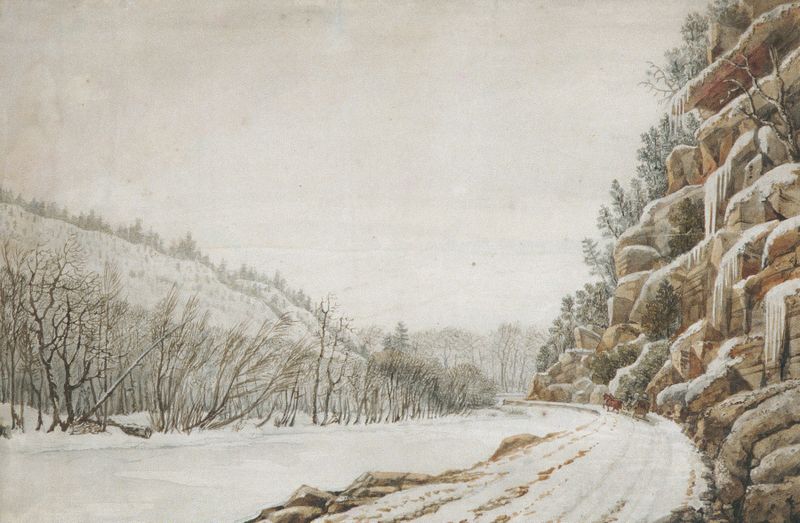 Landscape oil painting by Benjamin Henry Latrobe featuring a winding road and distant mountains.