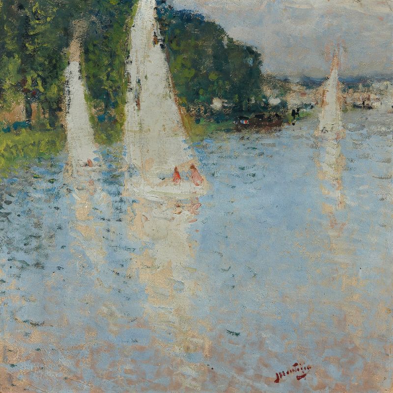 Les Voiliers de Pierre-Eugène Montézin, óleo sobre lienzo que muestra veleros en agua brillante.