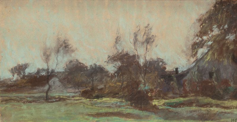Morning Landscape by Joseph Frank Currier, oil on canvas depicting rolling hills and morning mist.
