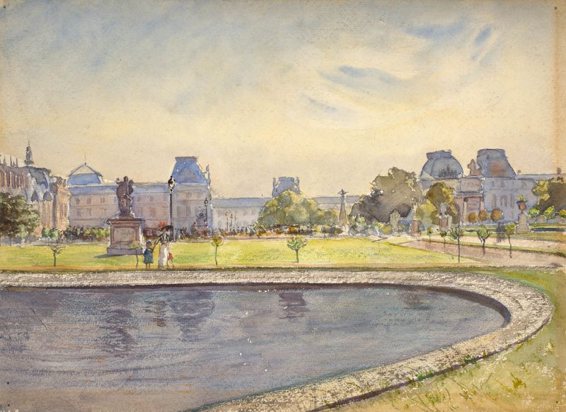 Le Jardin des Tuileries, oil on canvas by Guy De La Rochefoucauld, depicting a tranquil garden scene.