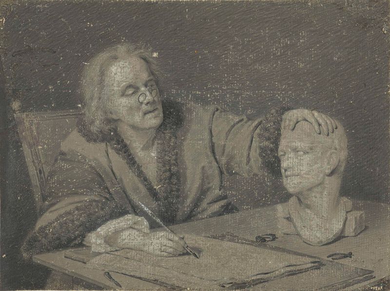 Pintura figurativa al óleo de Carl Heinrich Mylius que representa a un artista esbozando un busto de yeso.