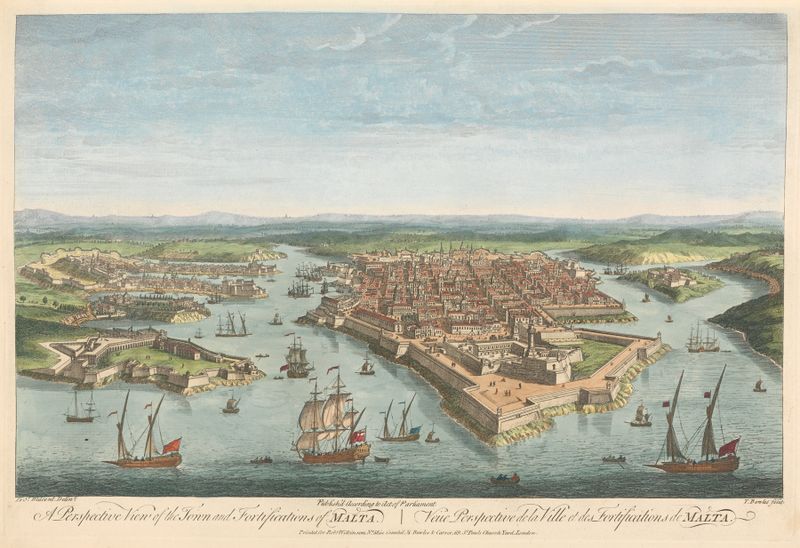 Engraving by Thomas Bowles III depicting a fortified town and coastline