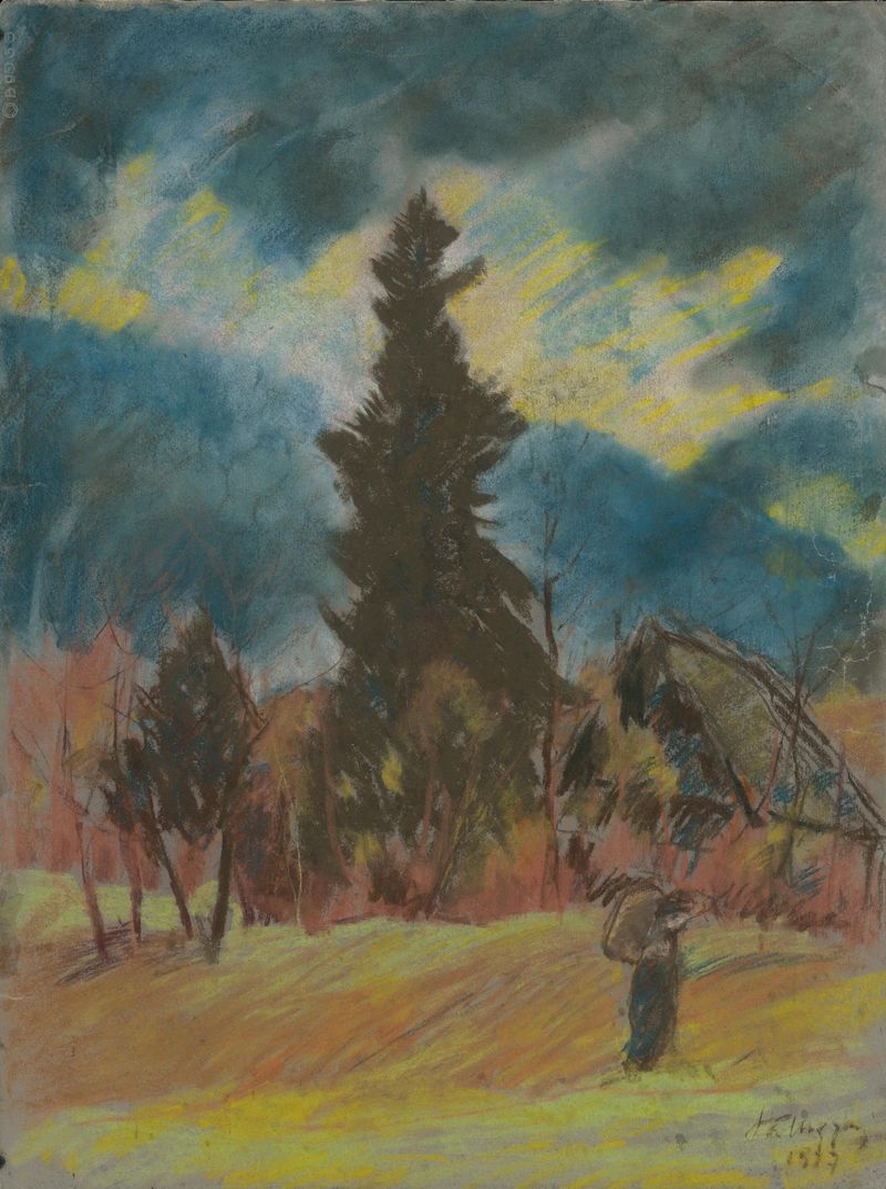 Post-Impressionism landscape by Zolo Palugyay, depicting hills and a stormy sky