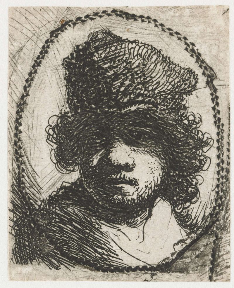Autorretrato con un gorro de piel de Rembrandt van Rijn, grabado de un hombre en sombra con un gorro de piel