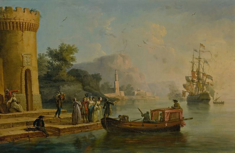 Vista de um porto mediterrâneo com figuras e um navio de Claude-Joseph Vernet, pintura a óleo