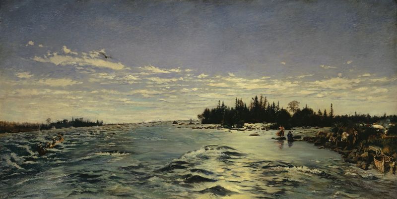 The Rapids of Saint Marys River by Frank Buchser, oil painting depicting a vibrant river scene.