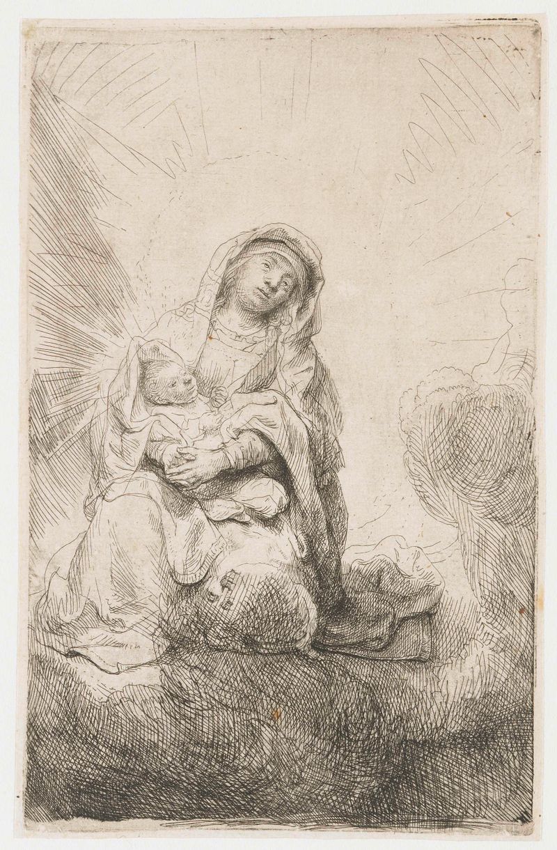 Gravura de Rembrandt van Rijn retratando a Virgem e o Menino nas nuvens