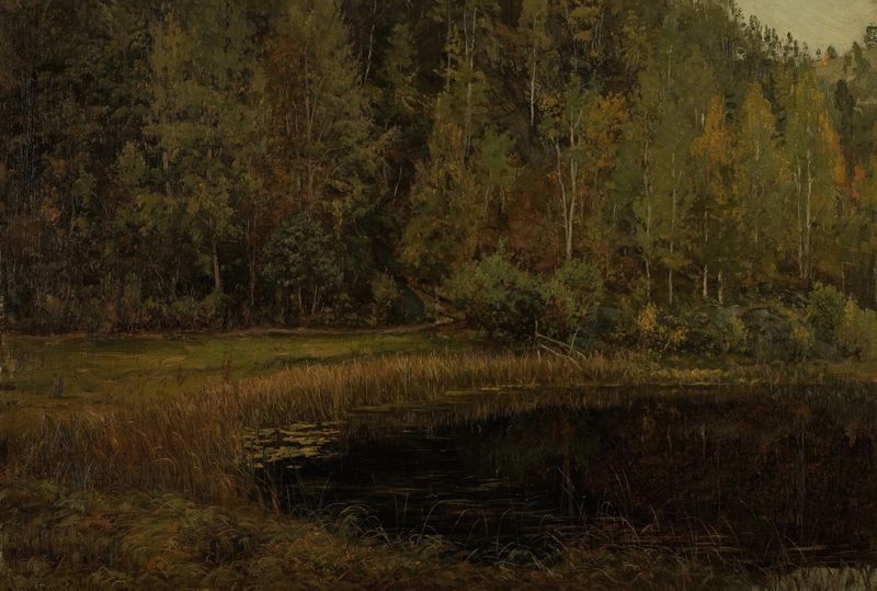 Høst ved Risør de Amaldus Nielsen, pintura a óleo que retrata colinas de outono e um mar tranquilo.