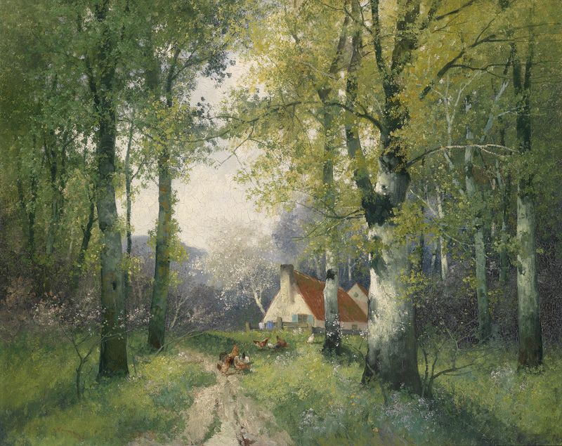 Escena floral en óleo sobre lienzo de Adolf Kaufmann, que representa flores de primavera y follaje verde.