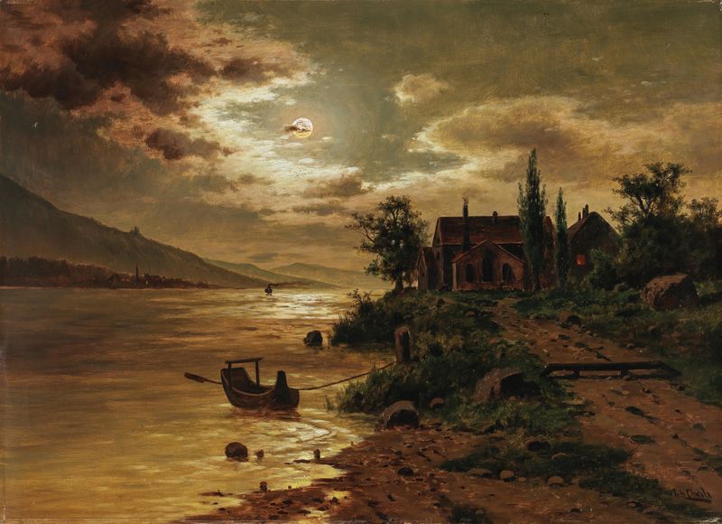A Lake Landscape in the Moonlight de Fritz Chwala, pintura al óleo que representa un lago tranquilo bajo la luz de la luna.