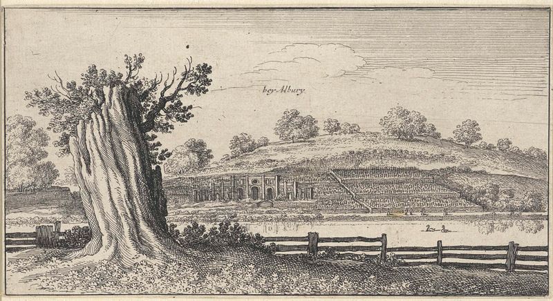 Rivierlandschap met boomstronk nabij Albury gravura de Wenceslaus Hollar mostrando uma paisagem serena com um toco.
