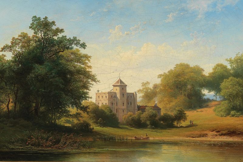 A Castle by a Lake, oil painting by Joseph Holzer, featuring a serene landscape with a castle and hills.