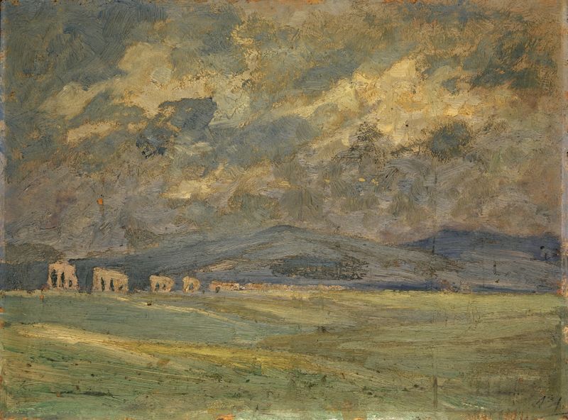 Paisagem com colinas e um aqueduto de Ernst Schiess, pintura a óleo