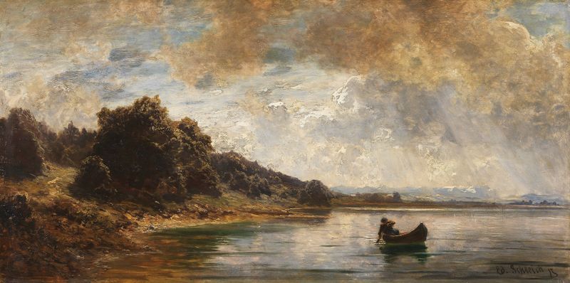 Paisaje al atardecer con río y horizonte, óleo sobre lienzo de Eduard Schleich The Younger