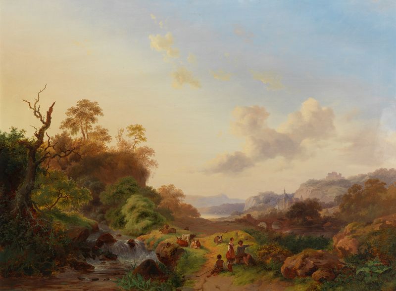 Summer landscape with figures and cattle near a waterfall, oil painting by Frederik Marinus Kruseman
