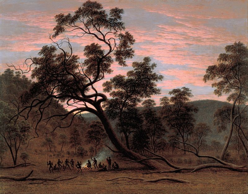 Ceremony with Indigenous figures dancing in a landscape, oil painting by John Glover