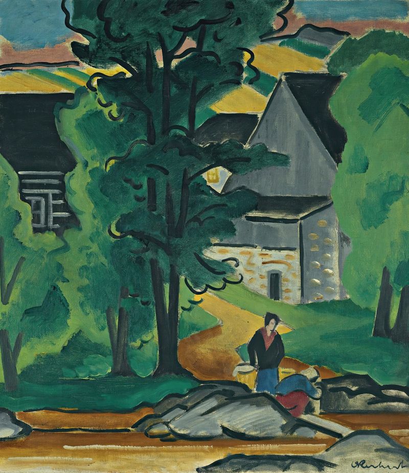 Washerwomen by Oldrich Kerhart, oil painting depicting women working in a tranquil landscape.