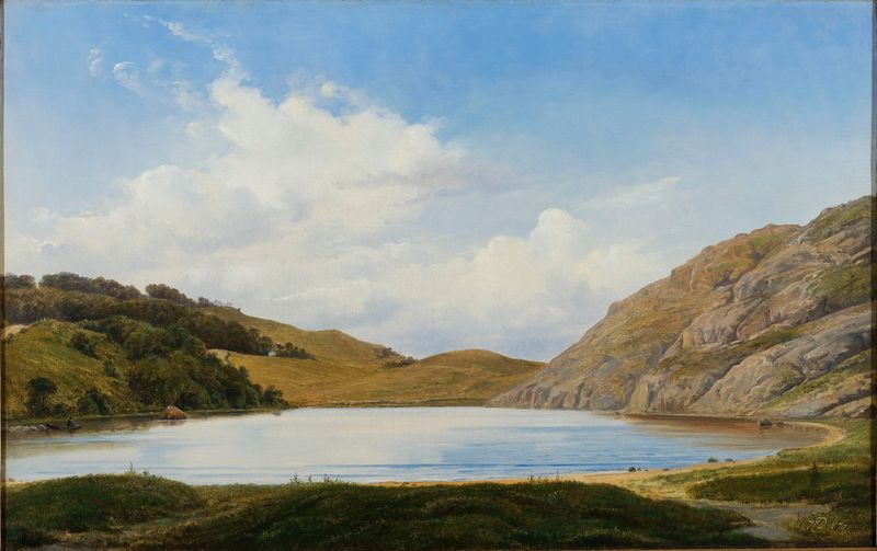 Hammersø de Holger Drachmann, óleo sobre lienzo que representa un lago tranquilo rodeado de árboles