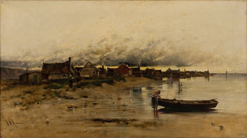 Seashore with Cottages de J. H. Anderson, pintura al óleo que representa un paisaje costero.