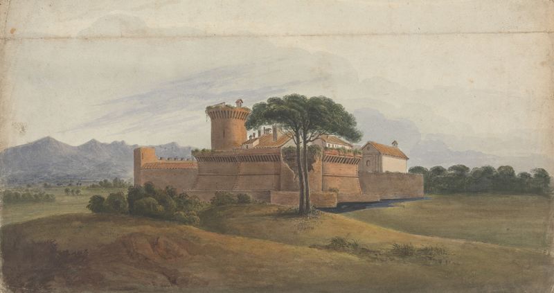Castelo de Ostia com montanhas ao fundo, pintura a óleo de Isaac Weld