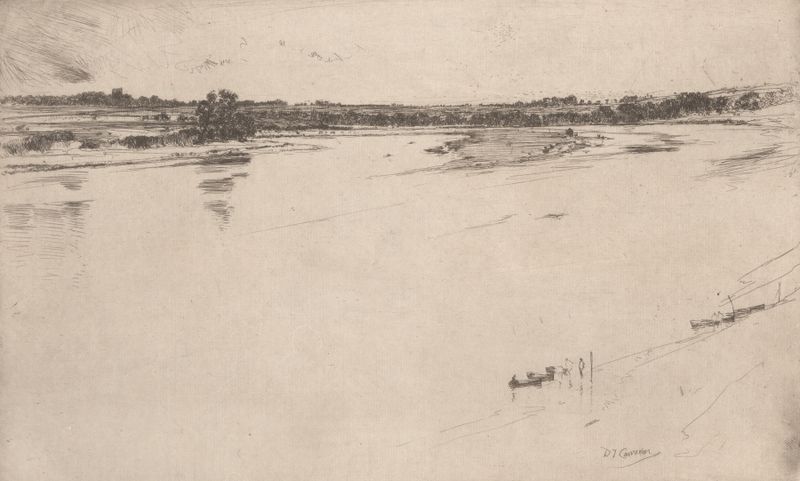 Tweedside de David Young Cameron, Impressionismo, retratando uma paisagem de rio tranquila ao amanhecer