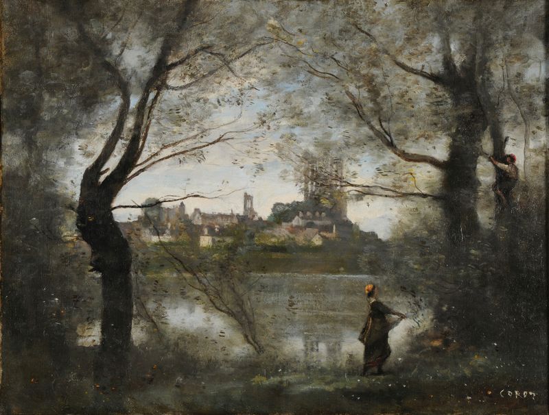 Twilight landscape with river and trees, oil painting by Jean-Baptiste-Camille Corot