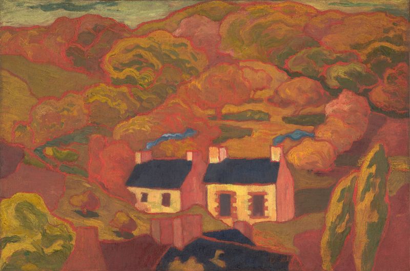 Dos Cabañas de Tejas de Armand Seguin, pintura al óleo que representa cabañas rurales en un paisaje sereno