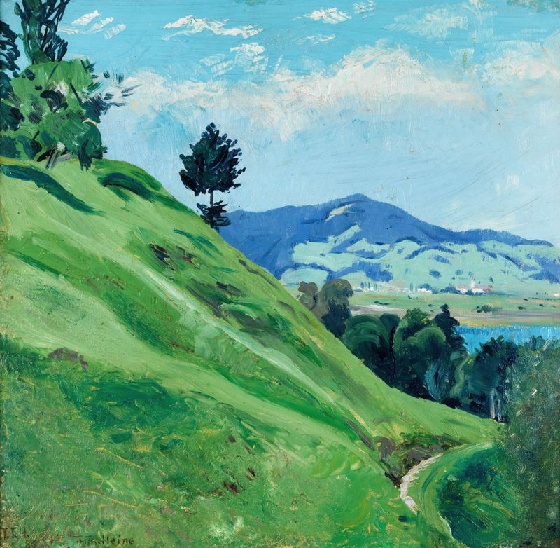 Vorgebirgslandschaft de Thomas Theodor Heine, pintura al óleo que presenta montañas y un valle bajo un cielo suave.