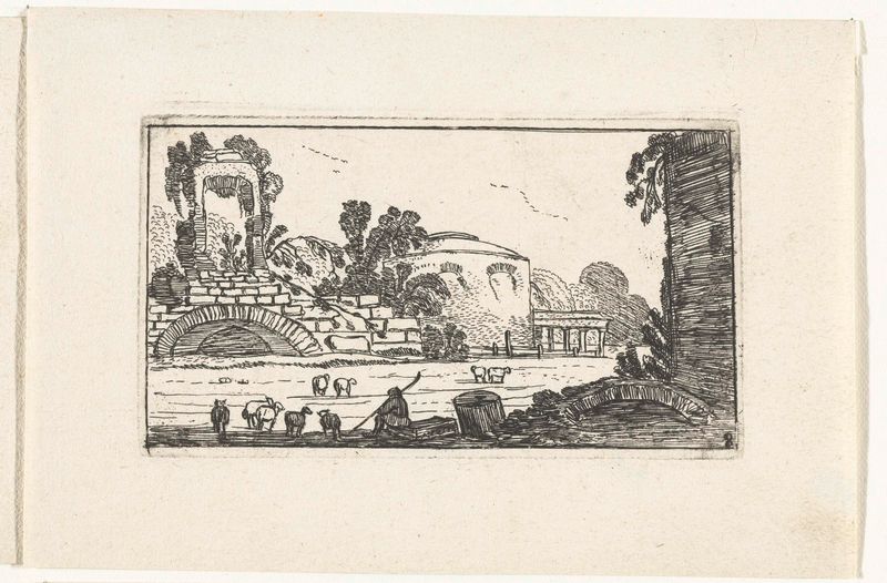 Landschap met ruïnes en herder met schapen, grabado de Unknown Artist