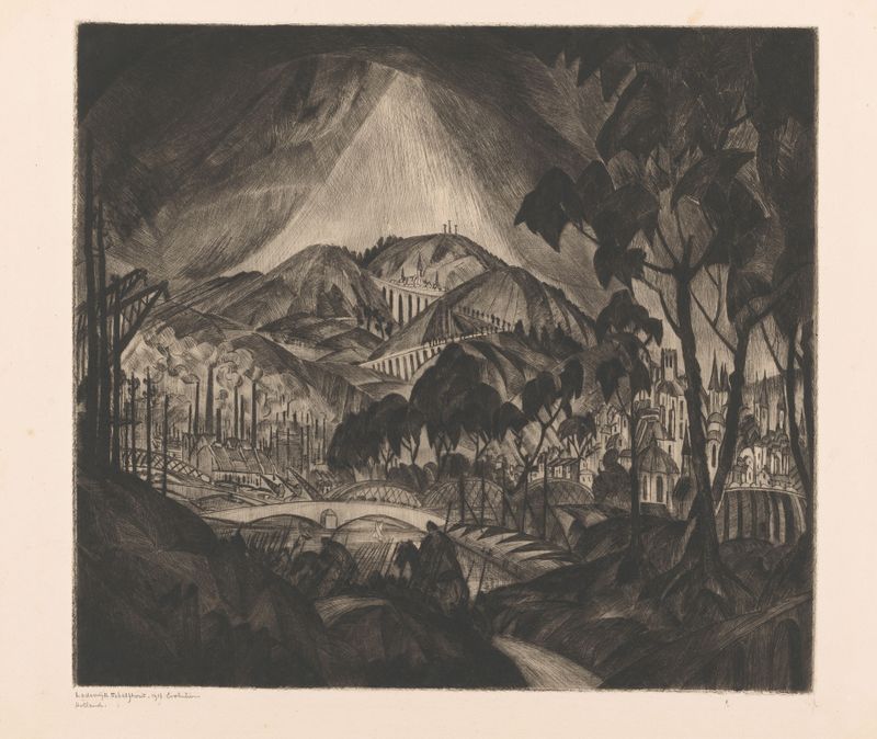 Heuvellandschap met industrie by Lodewijk Schelfhout, oil painting depicting hills and industry.