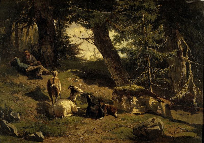 Swiss Landscape by Gerard Bilders, oil painting depicting serene hills and a meadow.