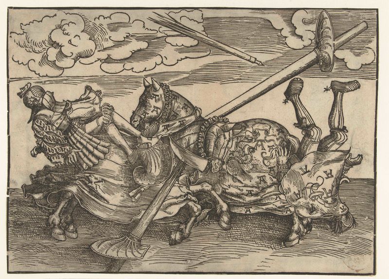 Cena histórica de dois cavaleiros armados a cavalo, papel de Lucas Cranach