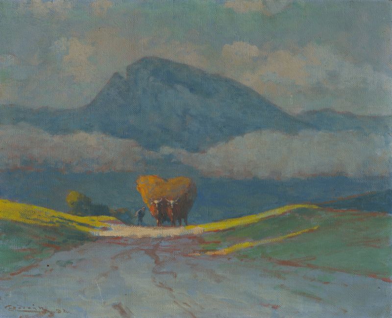 Genre scene of laborers with hay in golden light, oil painting by Ľudovít Čordák