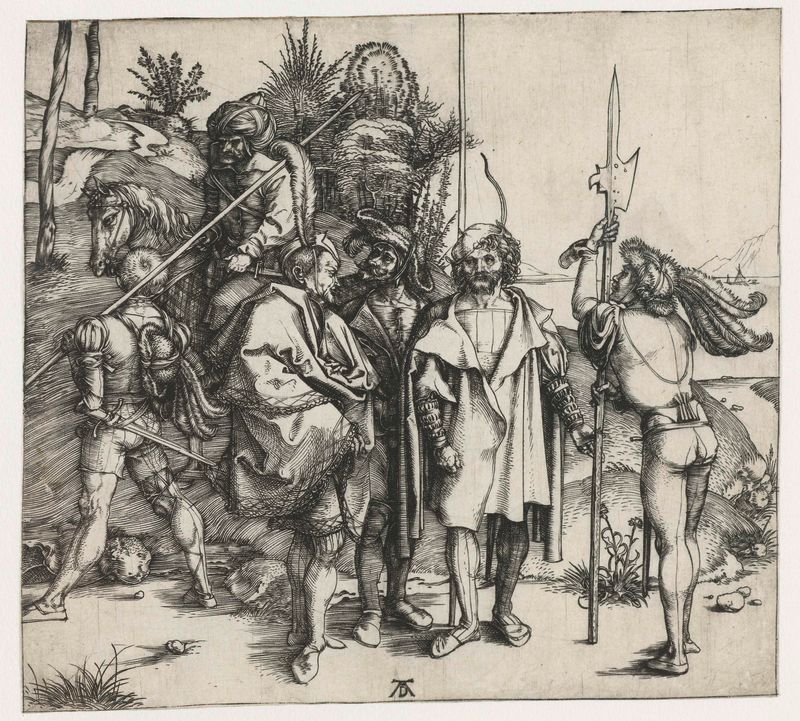 Gravura de Albrecht Dürer representando cinco soldados e um cavaleiro oriental.
