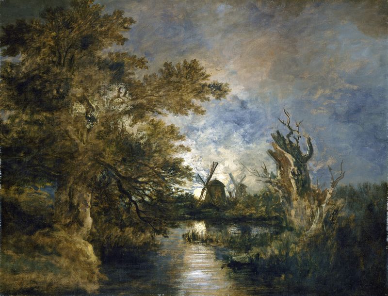 Moonlight on the Yare, oil painting by John Crome, depicting a tranquil river scene under moonlight.
