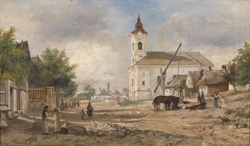 Pintura al óleo de paisaje de Elias Pieter van Bommel con una fuente y arquitectura pintoresca