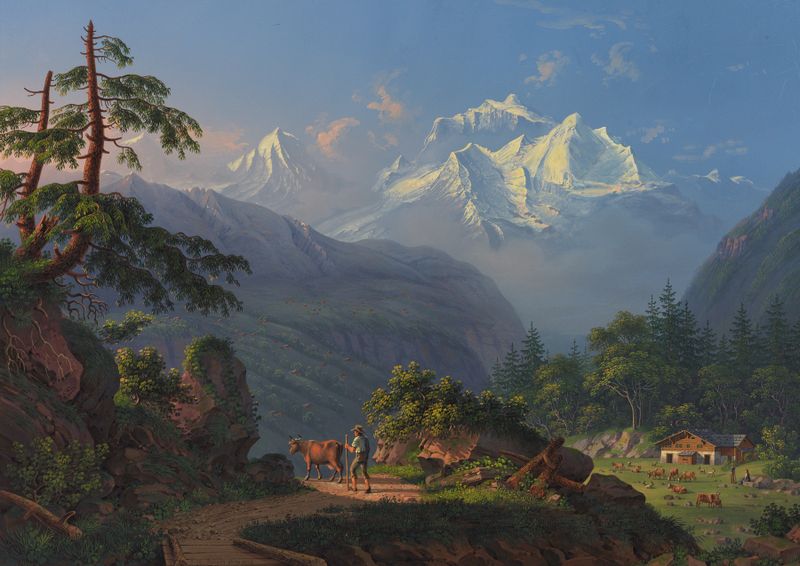 Jungfrau de Johann Heinrich Bleuler the Younger, óleo sobre lienzo que representa un paisaje montañoso con nieve y cielo.