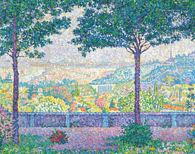 Terrasse De Meudon de Paul Signac, pintura al óleo que representa un paisaje vibrante con vegetación exuberante.