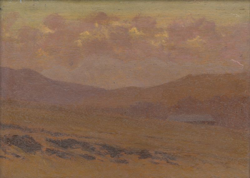 Early Evening Tatras Landscape de Ferdinand Katona, óleo sobre lienzo que muestra montañas al atardecer.