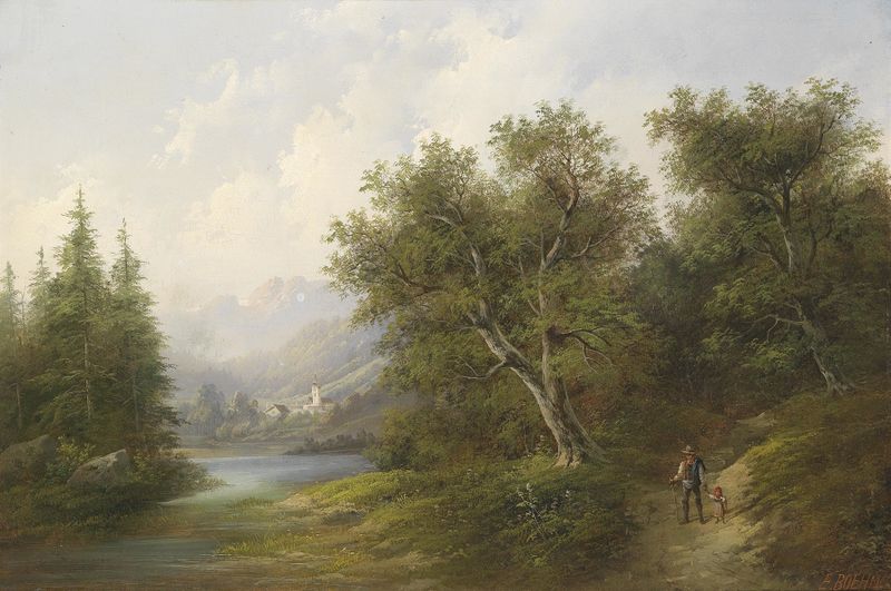 Landscape with gentle light and figures in a serene gathering by Eduard Boehm