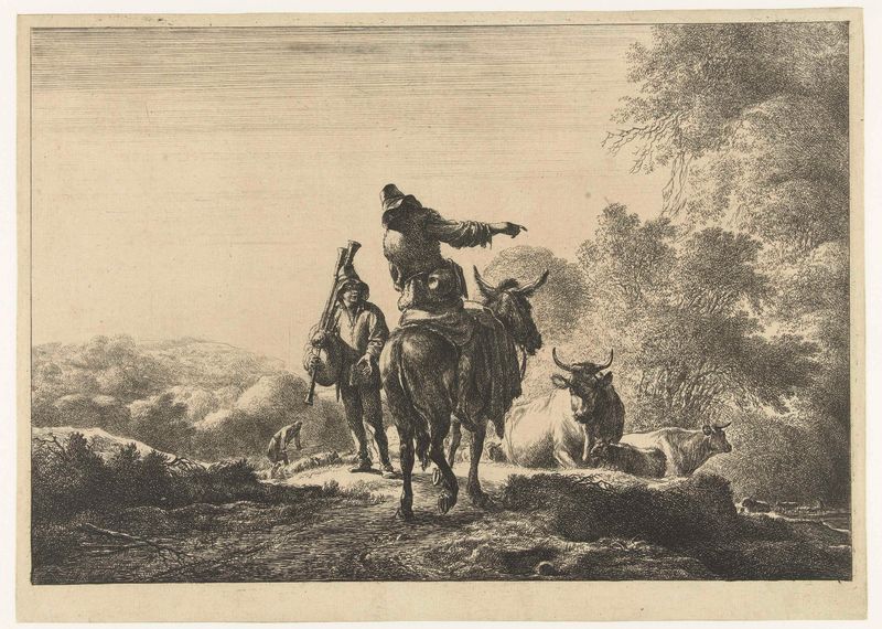 Grabado de Nicolaes Pietersz Berchem que representa a un piper con un doedelzak