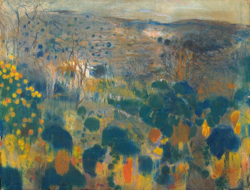 Landscape by Joaquin Mir Trinxet, oil on canvas, depicting soft hills and a vibrant horizon.