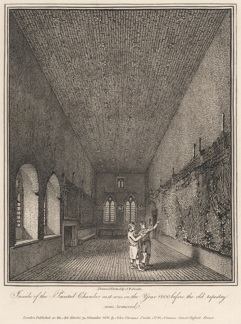 Interior scene with wooden paneling and sunlight, oil painting by John Thomas Smith, 1806