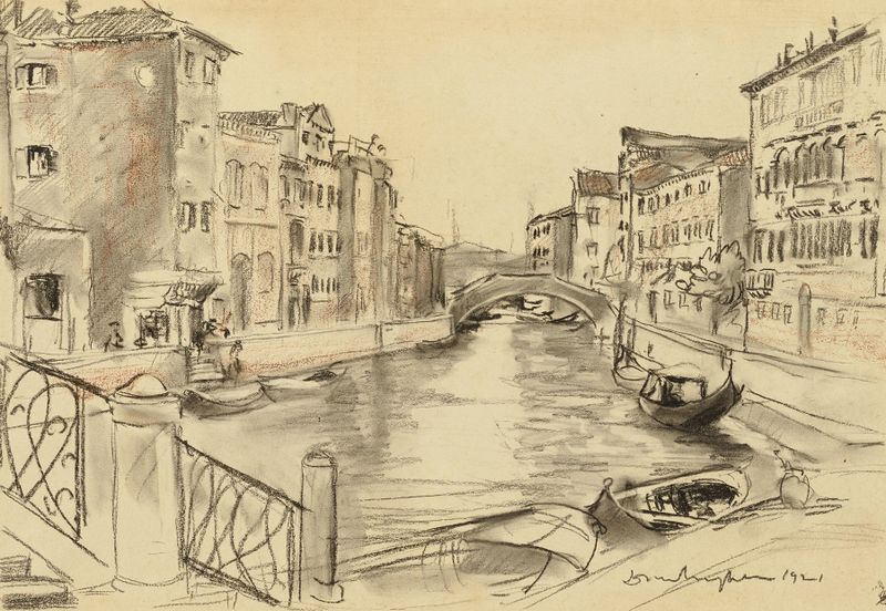 A Canal at Venice, oil on canvas by Donald Shaw MacLaughlan, depicting a serene canal with reflections.
