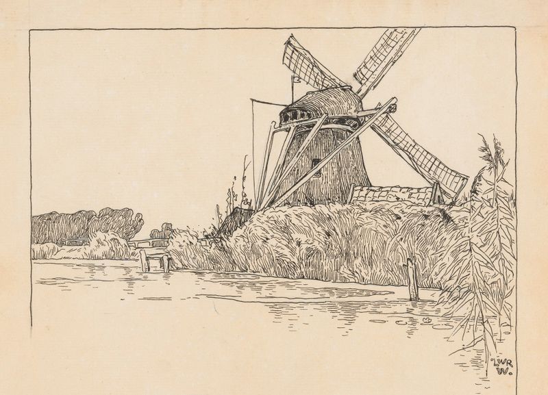 Molen aan een waterkant, óleo sobre lienzo de Willem Wenckebach, que muestra un molino junto a un río.