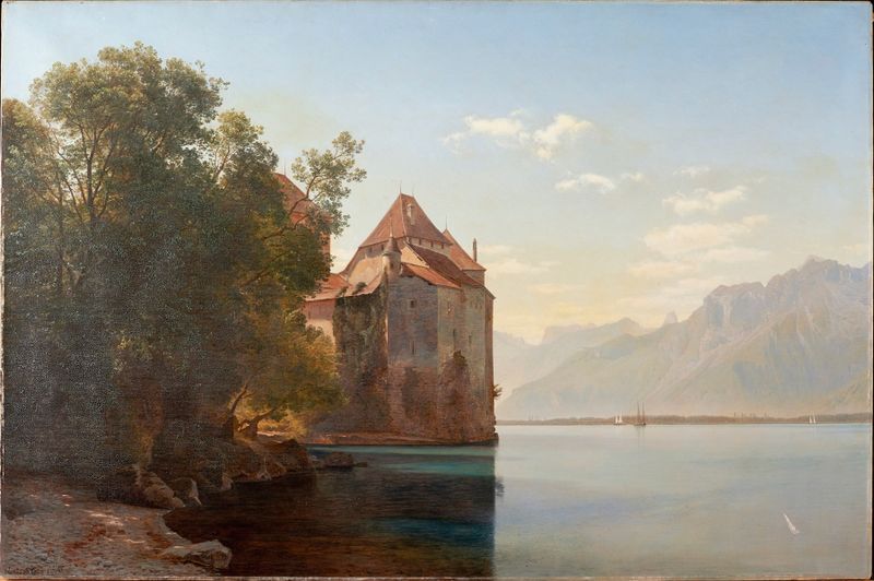Castle by Lake Geneva, Romanticism, Janus la Cour, oil painting