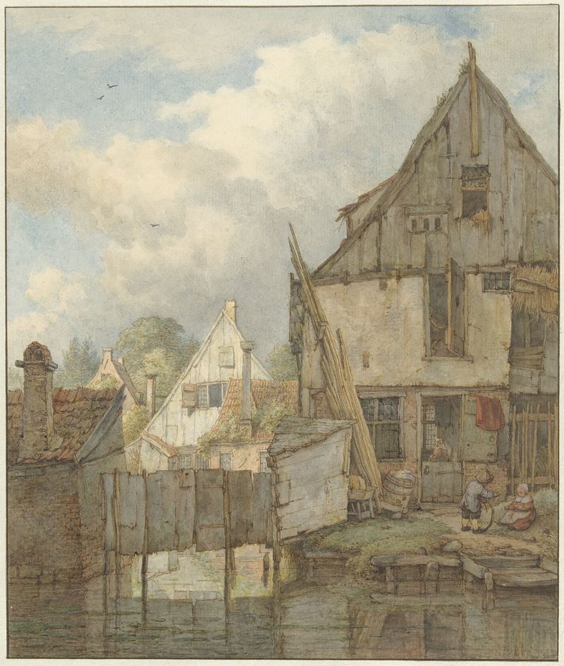Paisaje con casas abandonadas junto al agua, pintura al óleo de Jan Hulswit