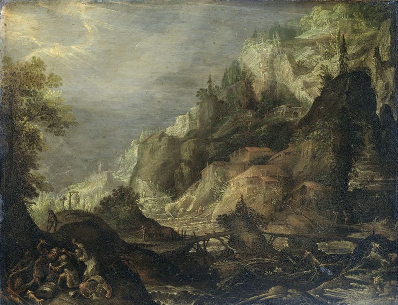 Paisagem montanhosa com prado vibrante e montanhas distantes de Frederik Van Valckenborch, pintura a óleo