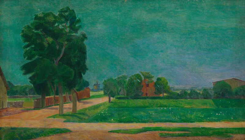Landscape by Franciszek Bartoszek, impressionism, depicting a vibrant meadow with a winding path.